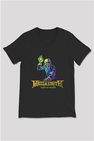 Megadeth Baskılı Unisex Siyah V Yaka Tişört - Tshirt