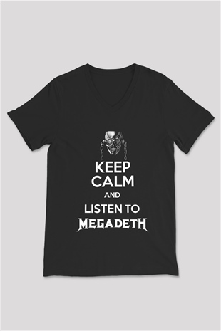 Megadeth Keep Calm And Listen To Megadeth Siyah Unisex V Yaka Tişört T-Shirt