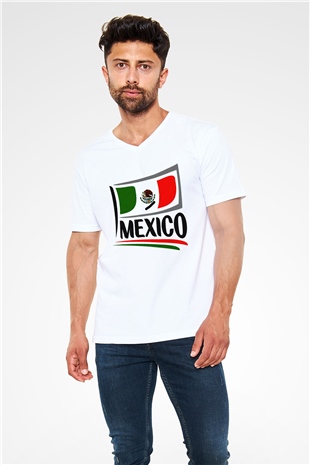 Meksika Beyaz Unisex V Yaka Tişört T-Shirt