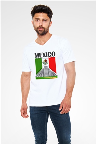Meksika Beyaz Unisex V Yaka Tişört T-Shirt