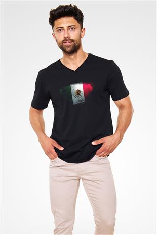 Meksika - Mexico Bayrağı Baskılı Unisex Siyah V Yaka Tişört