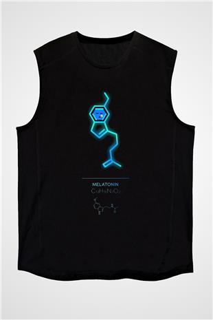 Melatonin Molekülü Baskılı Unisex Kolsuz Siyah Tişört - Tshirt