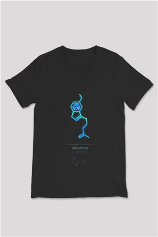 Melatonin Molekülü Baskılı Unisex V Yaka Siyah Tİşört - Tshirt