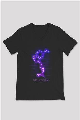 Melatonin Molekülü Neon Baskılı Unisex V Yaka Siyah Tİşört - Tshirt