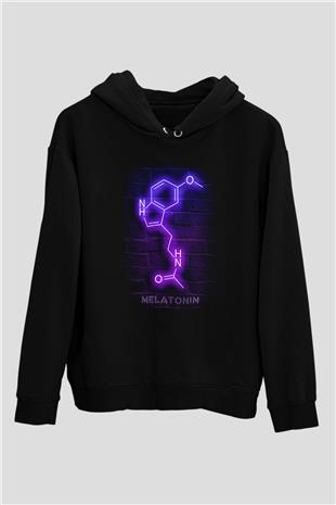 Melatonin Molekülü Neon Baskılı Unisex Siyah Kapüşonlu Sweatshirt
