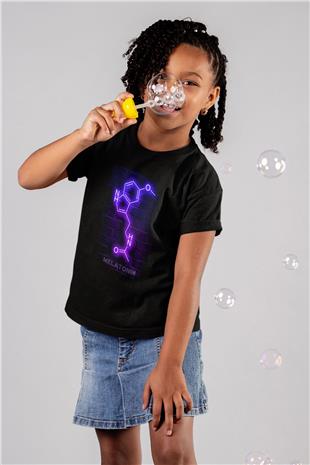 Melatonin Molekülü Neon Baskılı Unisex Siyah Çocuk Tişörtü - Tshirt