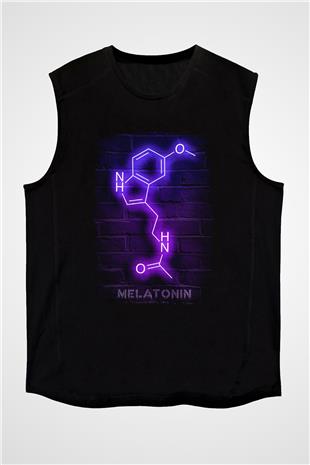 Melatonin Molekülü Neon Baskılı Unisex Kolsuz Siyah Tişört - Tshirt