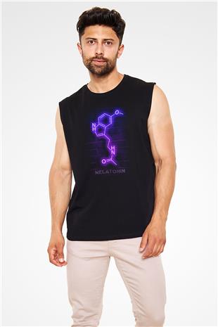 Melatonin Molekülü Neon Baskılı Unisex Kolsuz Siyah Tişört - Tshirt