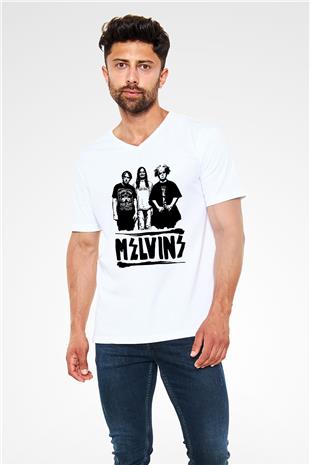 Melvins Baskılı Beyaz Unisex V Yaka Tişört - Tshirt