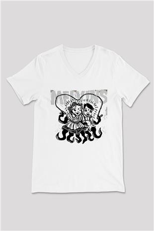 Melvins Baskılı Beyaz Unisex V Yaka Tişört - Tshirt