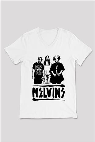 Melvins Baskılı Beyaz Unisex V Yaka Tişört - Tshirt