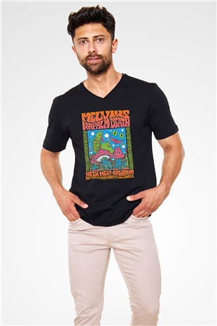 Melvins Baskılı Unisex Siyah V Yaka Tişört - Tshirt