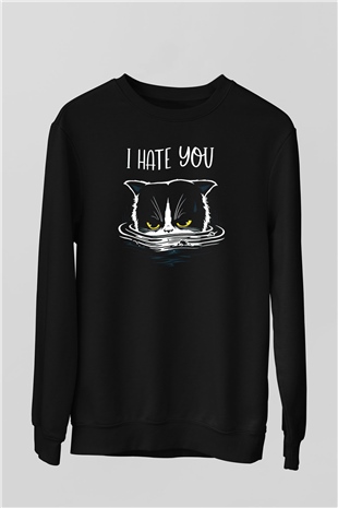 Memnuniyetsiz Kedi Baskılı Siyah  Sweatshirt