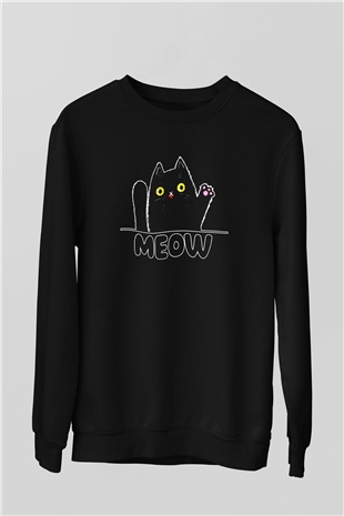 Meow Kedi Baskılı Unisex Siyah  Sweatshirt