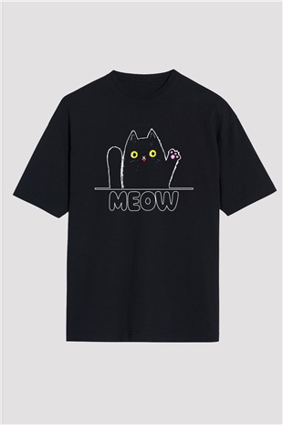Meow Kedi Baskılı Oversize Siyah Tişört
