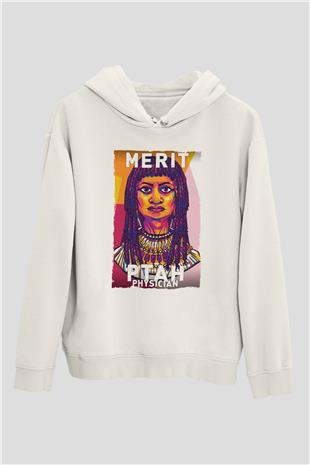 Merit Ptah Baskılı Unisex Ekru Hoodie