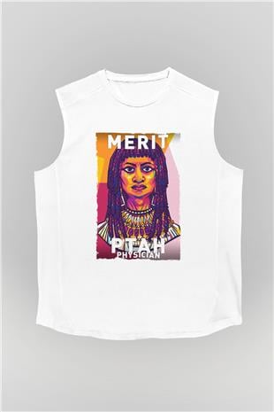 Merit Ptah Baskılı Unisex Kolsuz Beyaz Tişört - Tshirt