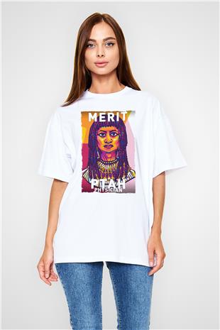 Merit Ptah Baskılı Unisex Oversize Beyaz Tişört - Tshirt
