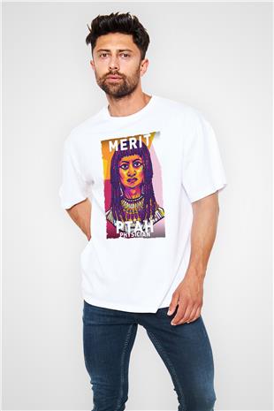 Merit Ptah Baskılı Unisex Oversize Beyaz Tişört - Tshirt