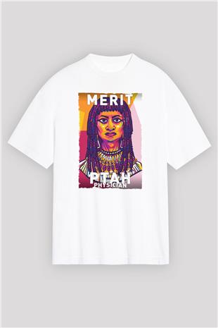 Merit Ptah Baskılı Unisex Oversize Beyaz Tişört - Tshirt