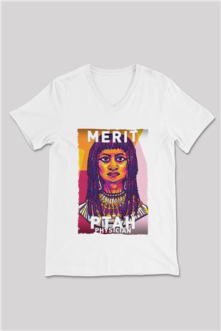 Merit Ptah Baskılı Unisex V Yaka Beyaz Tişört - Tshirt