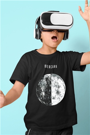 Merkür Baskılı Siyah Unisex Çocuk Tişört