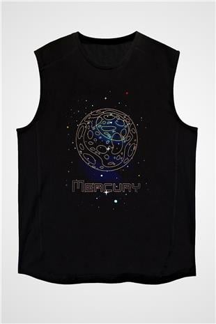 Merkür Çizim Baskılı Unisex Kolsuz Siyah Tişört - Tshirt
