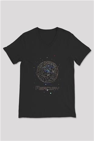 Merkür Çizim Baskılı Unisex V Yaka Siyah Tİşört - Tshirt