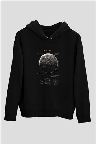 Merkür Fiziksel Özellikleri Baskılı Unisex Siyah Kapüşonlu Sweatshirt