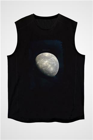 Merkür Fotoğraf Baskılı Unisex Kolsuz Siyah Tişört - Tshirt
