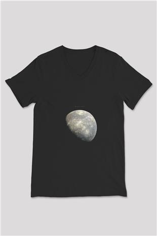 Merkür Fotoğraf Baskılı Unisex V Yaka Siyah Tİşört - Tshirt