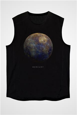 Merkür Gezegen Baskılı Unisex Kolsuz Siyah Tişört - Tshirt