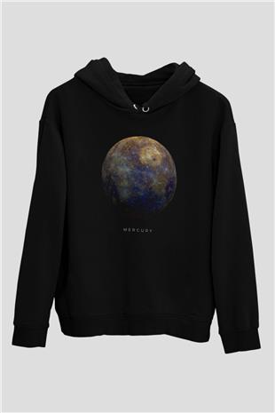 Merkür Gezegen Baskılı Unisex Siyah Kapüşonlu Sweatshirt