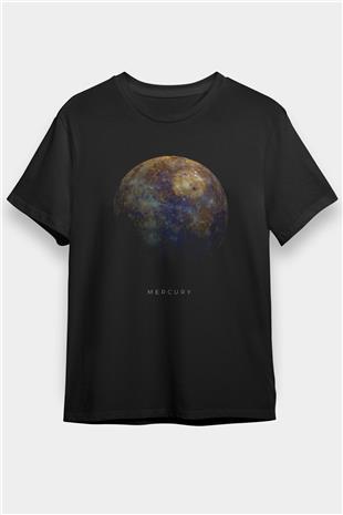 Merkür Gezegen Baskılı Unisex Siyah Tişört - Tshirt