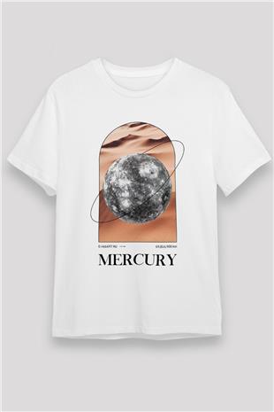 Merkür Gezegeni Baskılı Unisex Beyaz Tişört - Tshirt