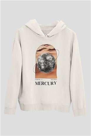 Merkür Gezegeni Baskılı Unisex Ekru Hoodie