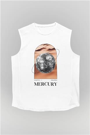 Merkür Gezegeni Baskılı Unisex Kolsuz Beyaz Tişört - Tshirt