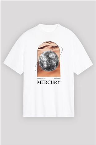 Merkür Gezegeni Baskılı Unisex Oversize Beyaz Tişört - Tshirt
