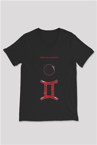 Merkür Siyah Unisex V Yaka Tişört T-Shirt