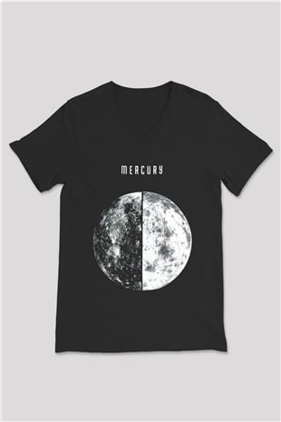 Merkür Siyah Unisex V Yaka Tişört T-Shirt
