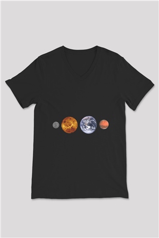 Merkür Siyah Unisex V Yaka Tişört T-Shirt