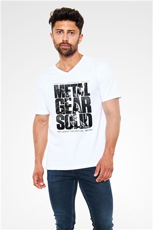 Metal Gear Solid Beyaz Unisex V Yaka Tişört T-Shirt