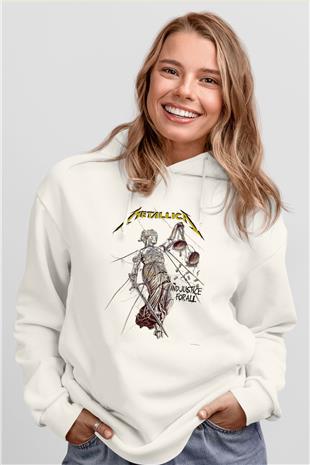 Metallica Baskılı Beyaz Unisex Kapüşonlu Sweatshirt