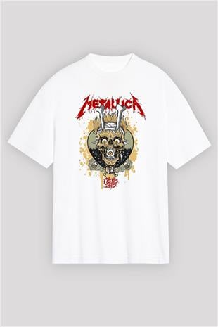 Metallica Baskılı Beyaz Unisex Oversize Tişört - Tshirt