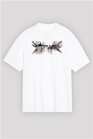 Metallica Baskılı Beyaz Unisex Oversize Tişört - Tshirt