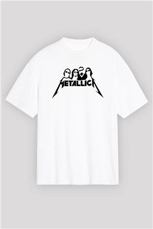 Metallica Baskılı Beyaz Unisex Oversize Tişört - Tshirt