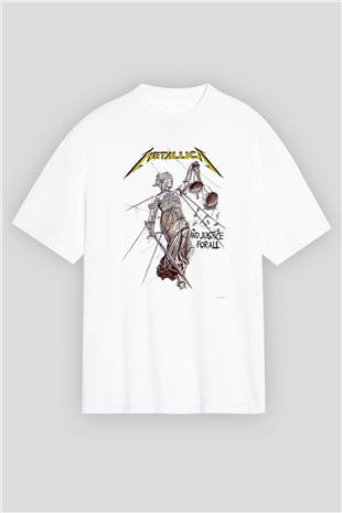 Metallica Baskılı Beyaz Unisex Oversize Tişört - Tshirt
