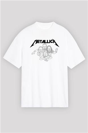 Metallica Baskılı Beyaz Unisex Oversize Tişört - Tshirt