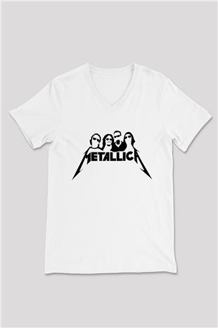 Metallica Baskılı Beyaz Unisex V Yaka Tişört - Tshirt