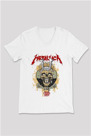 Metallica Baskılı Beyaz Unisex V Yaka Tişört - Tshirt